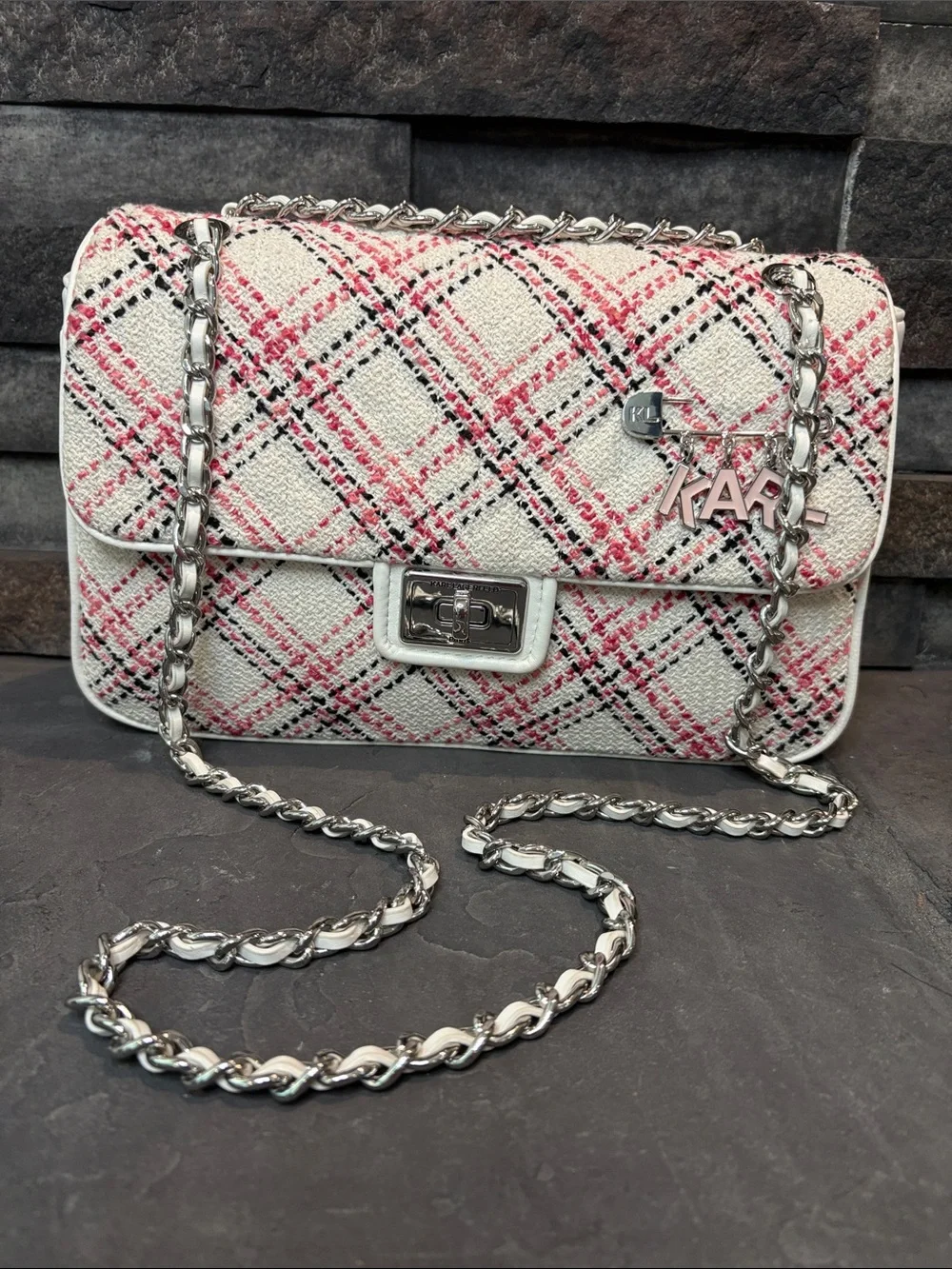 Karl Lagerfeld Tweed Shoulder Bag with Pink Plaid